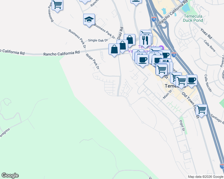 map of restaurants, bars, coffee shops, grocery stores, and more near 28933 Meadowlark Lane in Temecula