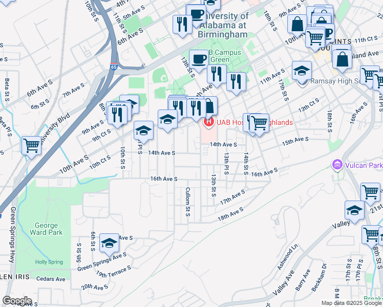 map of restaurants, bars, coffee shops, grocery stores, and more near 1121 Cullom Street South in Birmingham