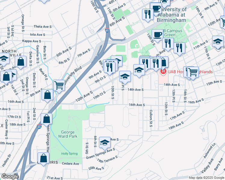 map of restaurants, bars, coffee shops, grocery stores, and more near in Birmingham