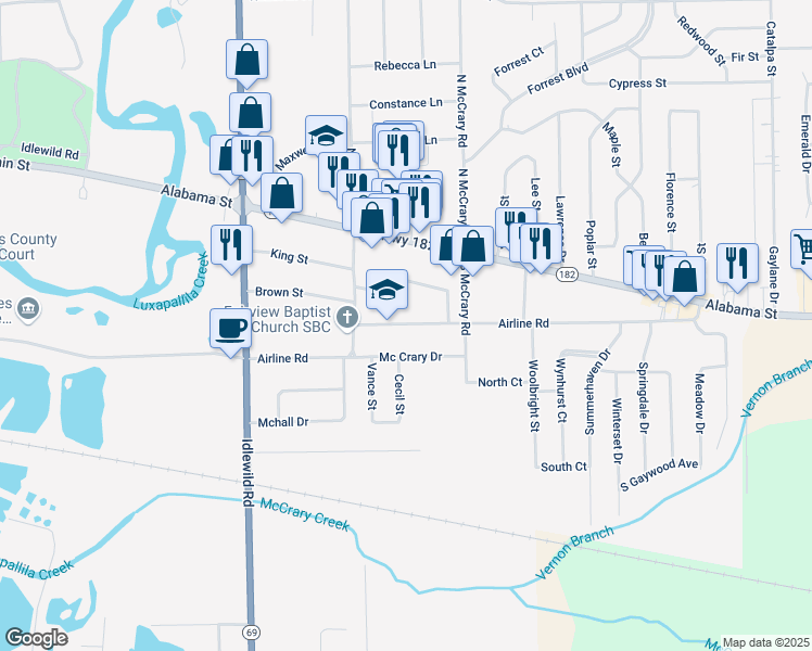 map of restaurants, bars, coffee shops, grocery stores, and more near 201-271 Airline Road in Columbus