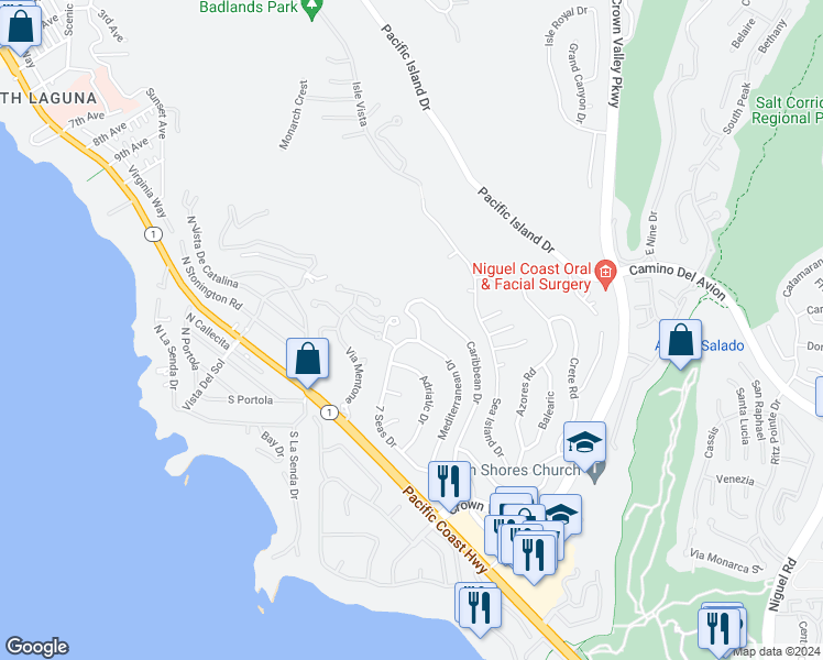 map of restaurants, bars, coffee shops, grocery stores, and more near 32401 7 Seas Drive in Dana Point