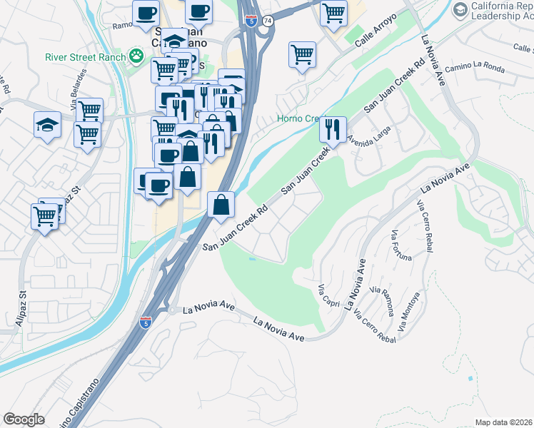 map of restaurants, bars, coffee shops, grocery stores, and more near 27112 Paseo Burladero in San Juan Capistrano