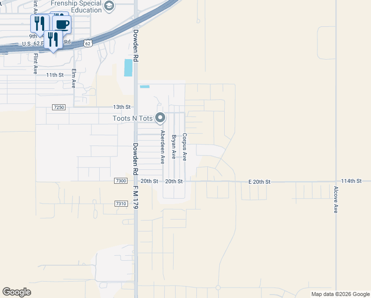 map of restaurants, bars, coffee shops, grocery stores, and more near 1603 Corpus Avenue in Wolfforth
