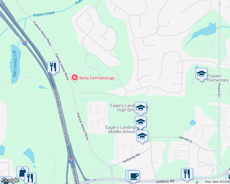map of restaurants, bars, coffee shops, grocery stores, and more near 114 Augusta Drive in McDonough