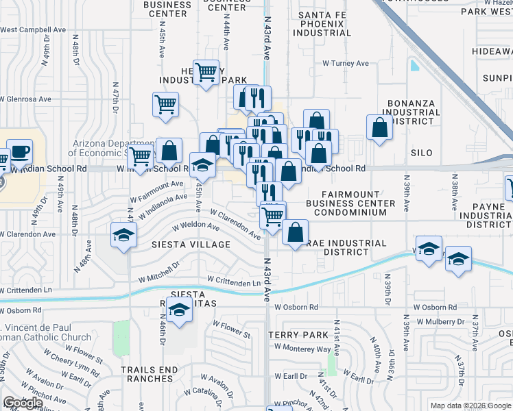 map of restaurants, bars, coffee shops, grocery stores, and more near 4002 North 43rd Avenue in Phoenix