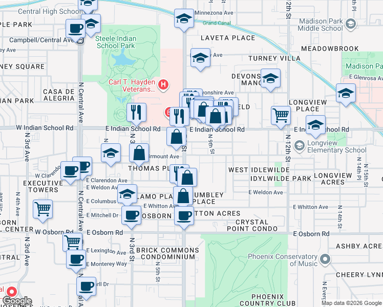 map of restaurants, bars, coffee shops, grocery stores, and more near 4011 North 7th Street in Phoenix