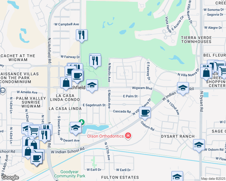 map of restaurants, bars, coffee shops, grocery stores, and more near 403 Wigwam Boulevard in Litchfield Park