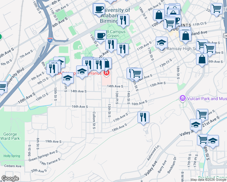 map of restaurants, bars, coffee shops, grocery stores, and more near 1317 14th Avenue South in Birmingham