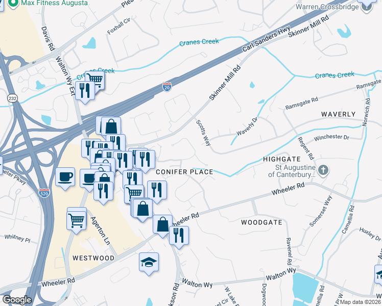 map of restaurants, bars, coffee shops, grocery stores, and more near 56 Conifer Circle in Augusta
