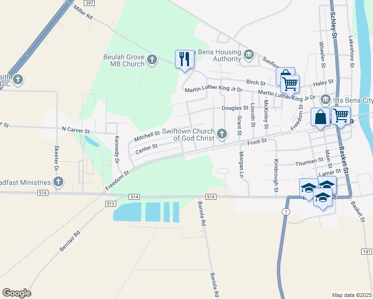 map of restaurants, bars, coffee shops, grocery stores, and more near 702 Freedom Street in Itta Bena