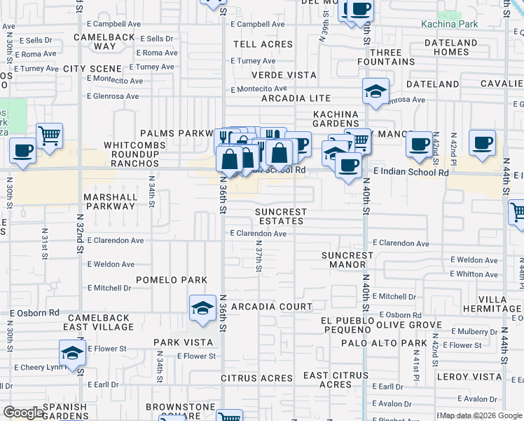 map of restaurants, bars, coffee shops, grocery stores, and more near 3652 East Piccadilly Road in Phoenix