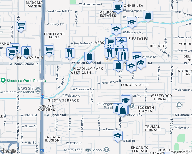 map of restaurants, bars, coffee shops, grocery stores, and more near 2109 West Piccadilly Road in Phoenix