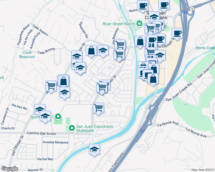 map of restaurants, bars, coffee shops, grocery stores, and more near 32302 Alipaz Street in San Juan Capistrano