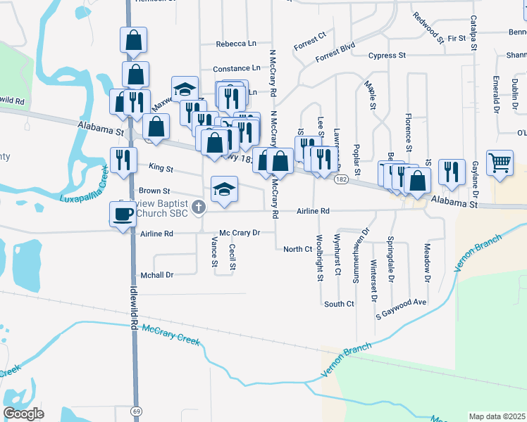 map of restaurants, bars, coffee shops, grocery stores, and more near 271 Airline Road in Columbus
