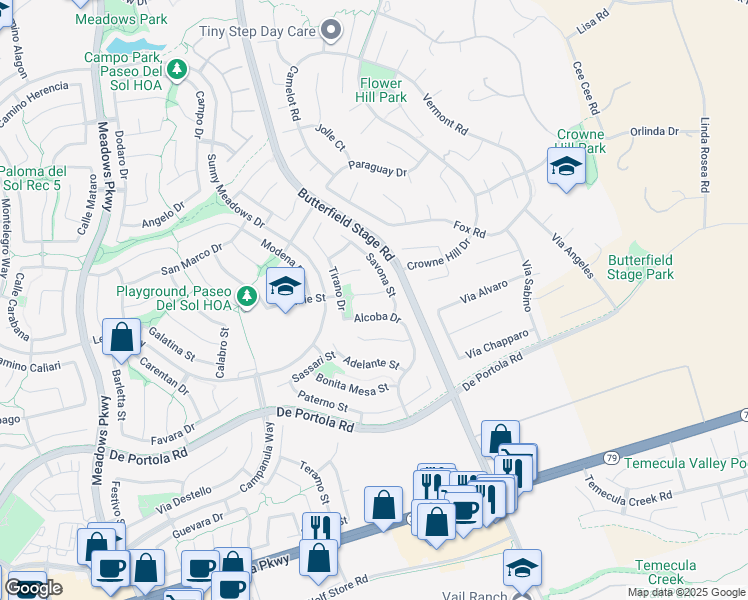 map of restaurants, bars, coffee shops, grocery stores, and more near 32980 Casala Court in Temecula