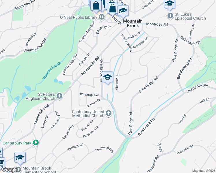 map of restaurants, bars, coffee shops, grocery stores, and more near 205 Overbrook Road in Birmingham