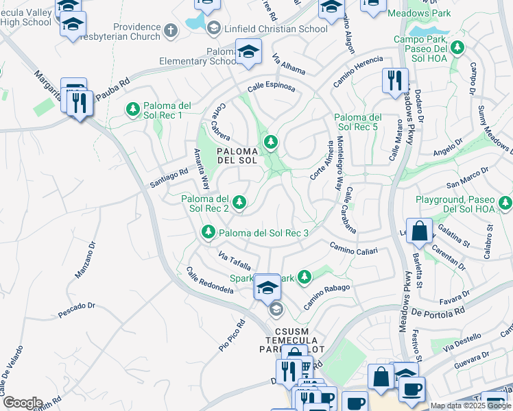 map of restaurants, bars, coffee shops, grocery stores, and more near 31953 Calle Novelda in Temecula