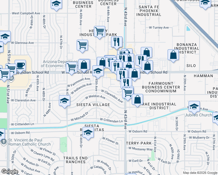 map of restaurants, bars, coffee shops, grocery stores, and more near 4320 West Fairmount Avenue in Phoenix