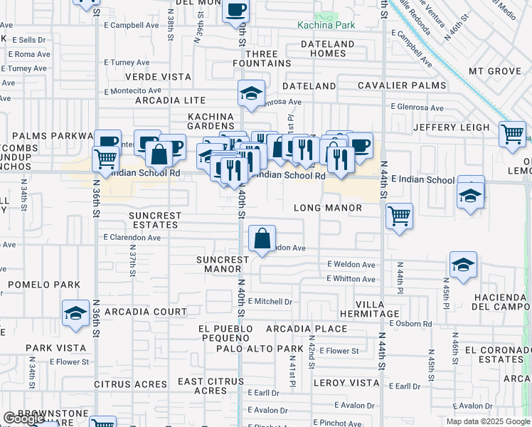 map of restaurants, bars, coffee shops, grocery stores, and more near 4017 North 40th Street in Phoenix