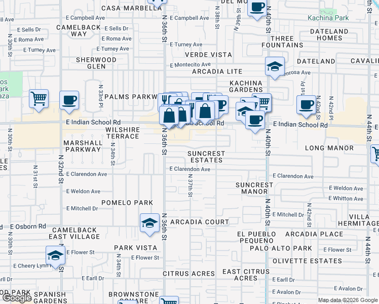 map of restaurants, bars, coffee shops, grocery stores, and more near 3652 East Piccadilly Road in Phoenix