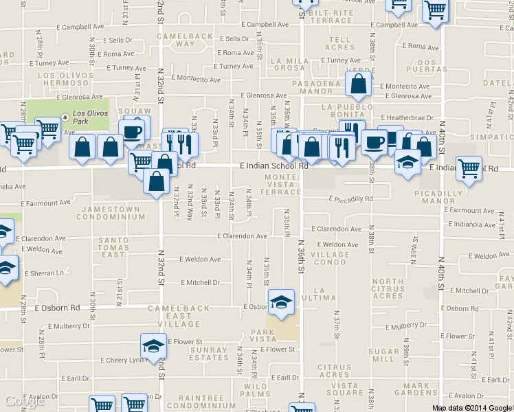 map of restaurants, bars, coffee shops, grocery stores, and more near 3444 East Fairmount Avenue in Phoenix