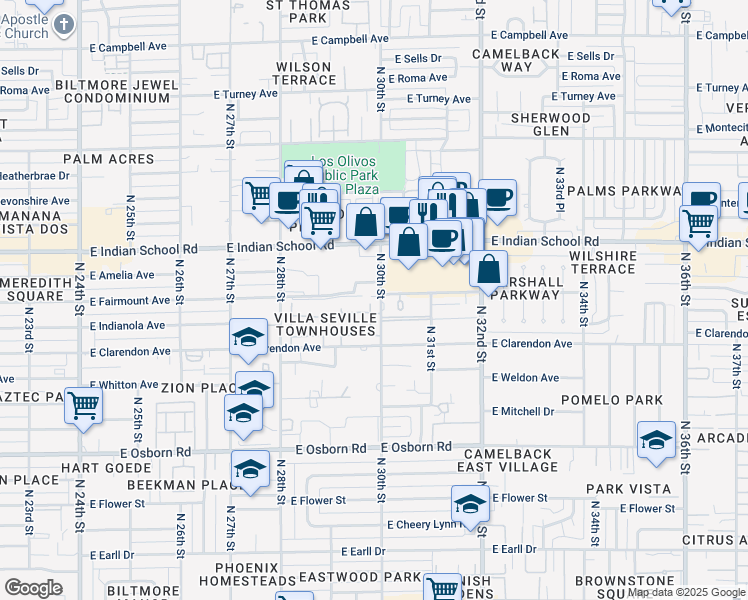 map of restaurants, bars, coffee shops, grocery stores, and more near 4001 North 30th Street in Phoenix
