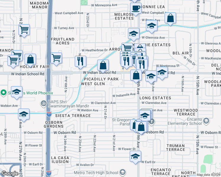 map of restaurants, bars, coffee shops, grocery stores, and more near 2109 West Piccadilly Road in Phoenix