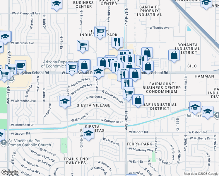 map of restaurants, bars, coffee shops, grocery stores, and more near 4320 West Fairmount Avenue in Phoenix