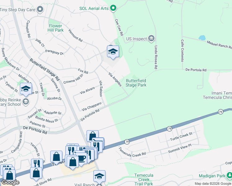 map of restaurants, bars, coffee shops, grocery stores, and more near 33487 Corte Mangarino in Temecula