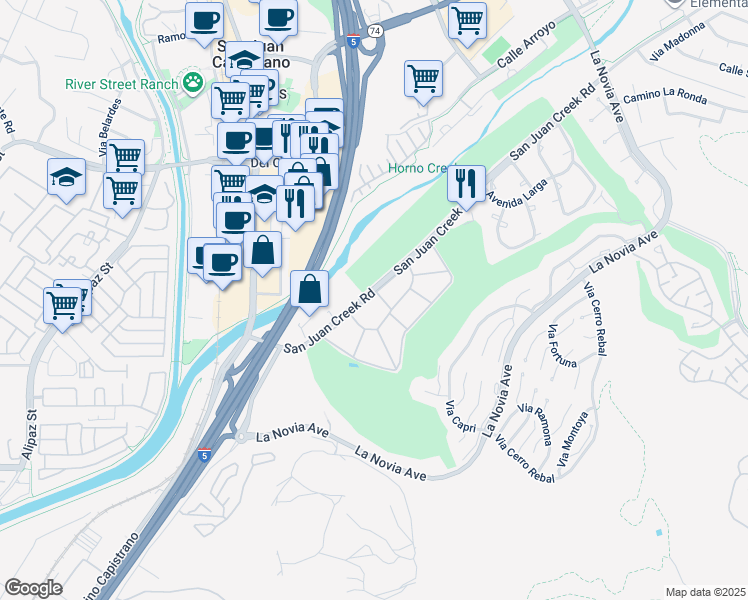 map of restaurants, bars, coffee shops, grocery stores, and more near 27132 Via Bronca in San Juan Capistrano