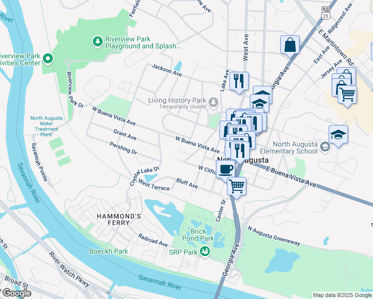 map of restaurants, bars, coffee shops, grocery stores, and more near 415 West Main Street in North Augusta