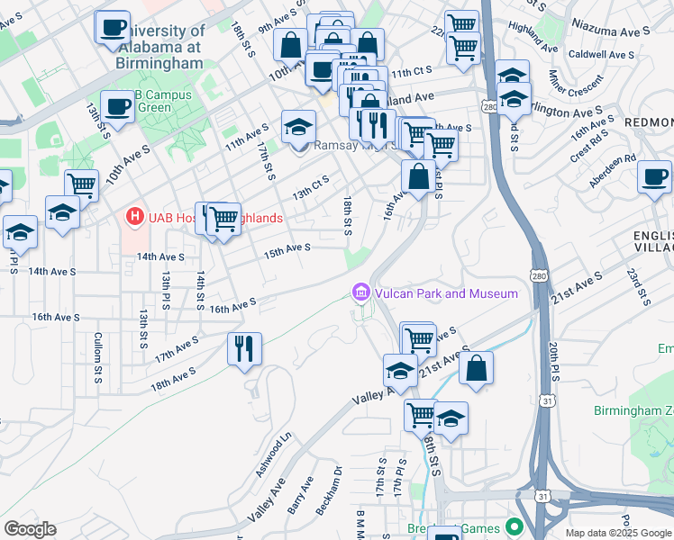 map of restaurants, bars, coffee shops, grocery stores, and more near 1808 16th Avenue South in Birmingham