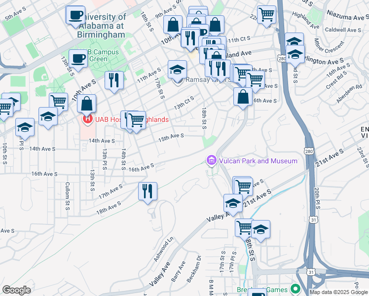 map of restaurants, bars, coffee shops, grocery stores, and more near 1733 15th Avenue South in Birmingham