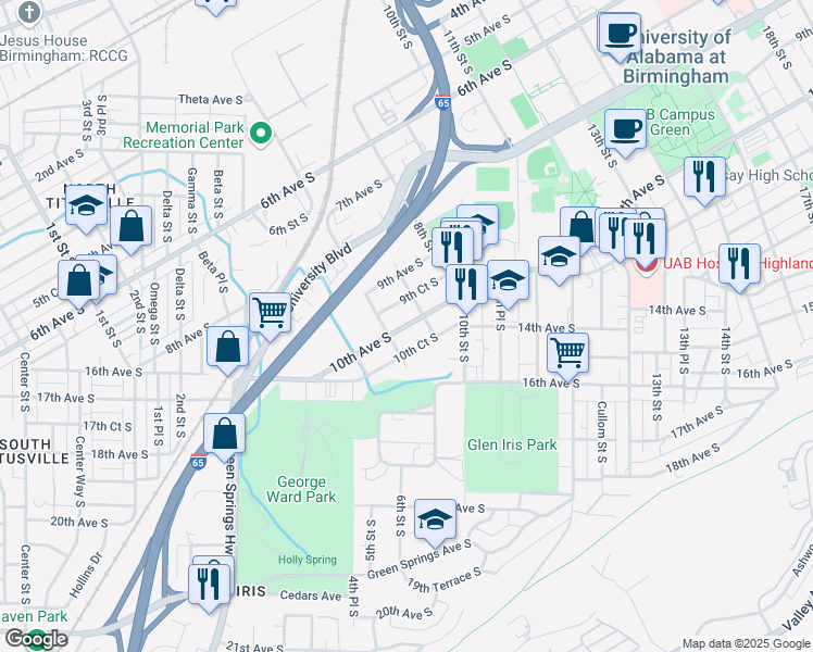 map of restaurants, bars, coffee shops, grocery stores, and more near 626 10th Avenue South in Birmingham