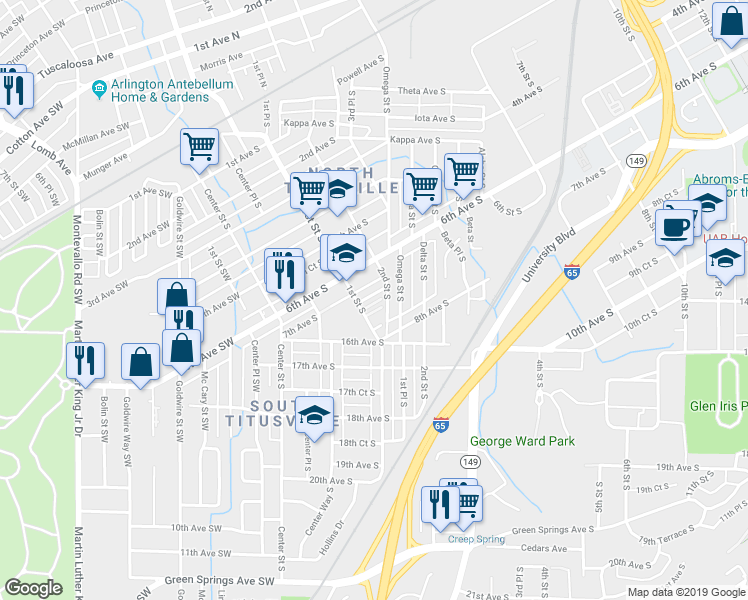 map of restaurants, bars, coffee shops, grocery stores, and more near 104 7th Avenue South in Birmingham