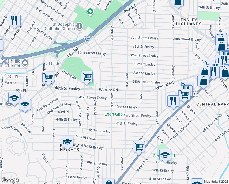 map of restaurants, bars, coffee shops, grocery stores, and more near 1404 Warrior Road in Birmingham