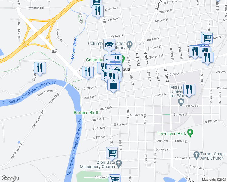 map of restaurants, bars, coffee shops, grocery stores, and more near 123 5th Street South in Columbus