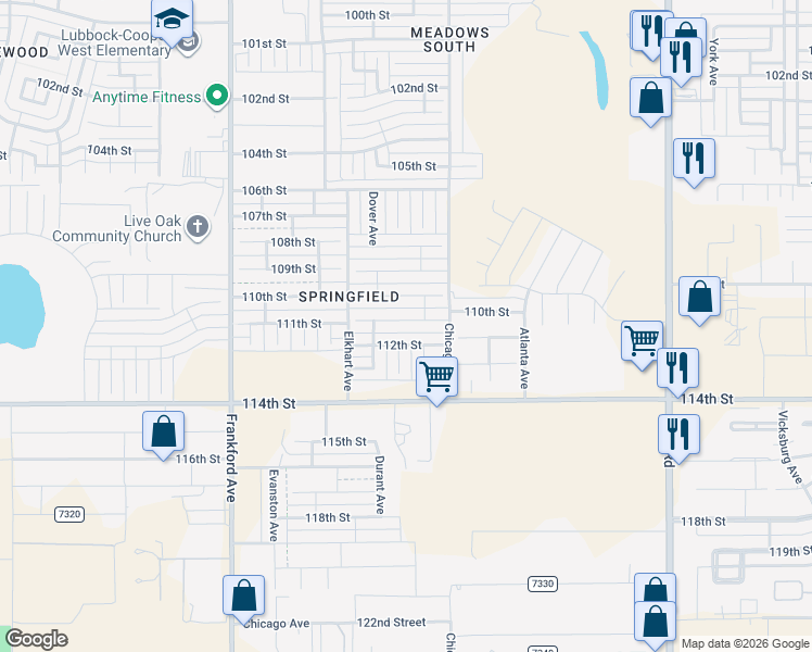 map of restaurants, bars, coffee shops, grocery stores, and more near 5516 111th Street in Lubbock