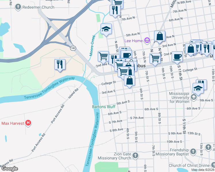 map of restaurants, bars, coffee shops, grocery stores, and more near 206 College Street in Columbus