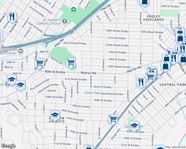 map of restaurants, bars, coffee shops, grocery stores, and more near 1404 Warrior Road in Birmingham