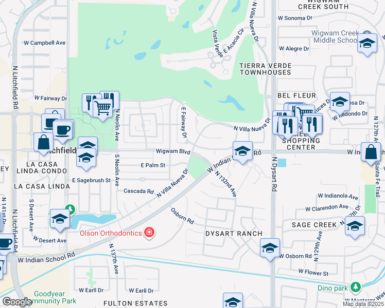 map of restaurants, bars, coffee shops, grocery stores, and more near 701 Wigwam Boulevard in Litchfield Park