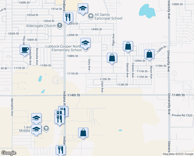 map of restaurants, bars, coffee shops, grocery stores, and more near 3123 111th Street in Lubbock