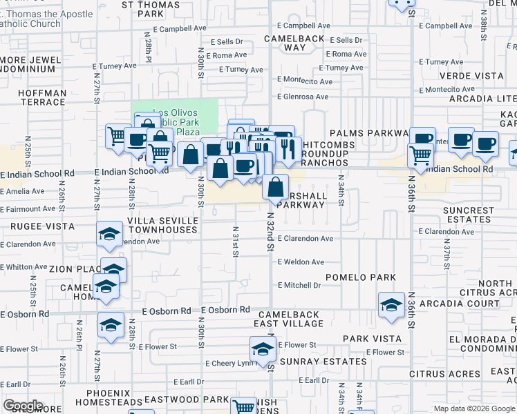 map of restaurants, bars, coffee shops, grocery stores, and more near 3135 East Indian School Road in Phoenix