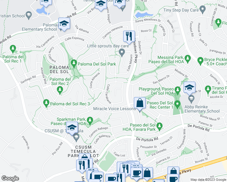 map of restaurants, bars, coffee shops, grocery stores, and more near 43423 Corte Durazo in Temecula