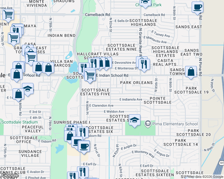 map of restaurants, bars, coffee shops, grocery stores, and more near 8202 East Piccadilly Road in Scottsdale