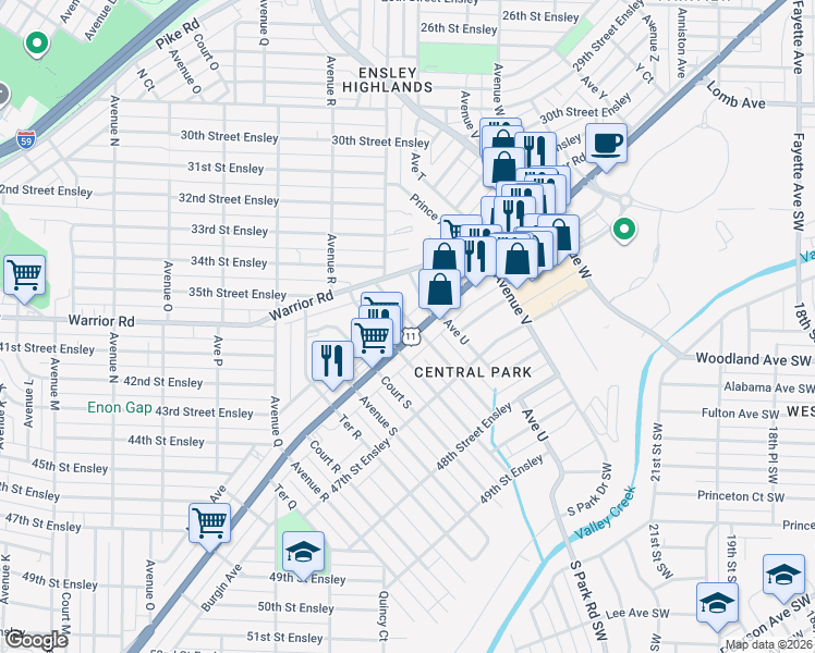 map of restaurants, bars, coffee shops, grocery stores, and more near 4304 Avenue T in Birmingham