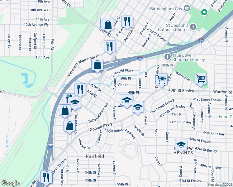 map of restaurants, bars, coffee shops, grocery stores, and more near 608 40th Place in Fairfield