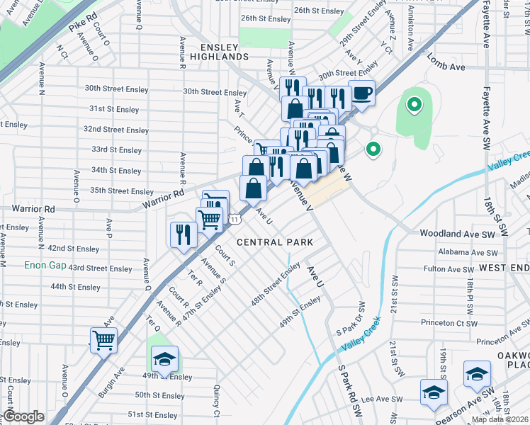 map of restaurants, bars, coffee shops, grocery stores, and more near 2100 46th Place Ensley in Birmingham