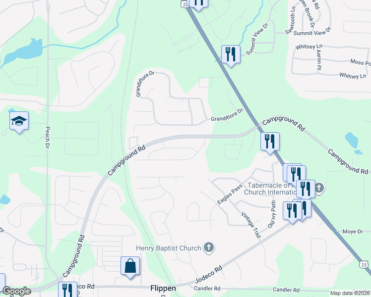 map of restaurants, bars, coffee shops, grocery stores, and more near 336 Bowfin Trail in McDonough