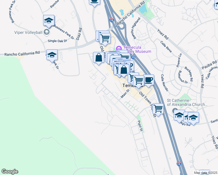 map of restaurants, bars, coffee shops, grocery stores, and more near 28550 Pujol Street in Temecula